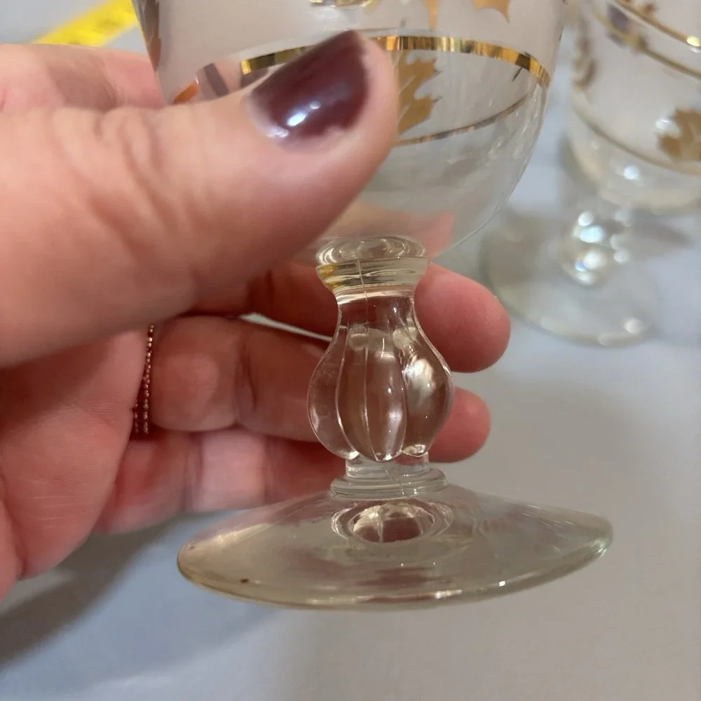 6 Libbey Gold Leaf MCM Frosted Cordial Glasses Set Barware Vintage Collectible